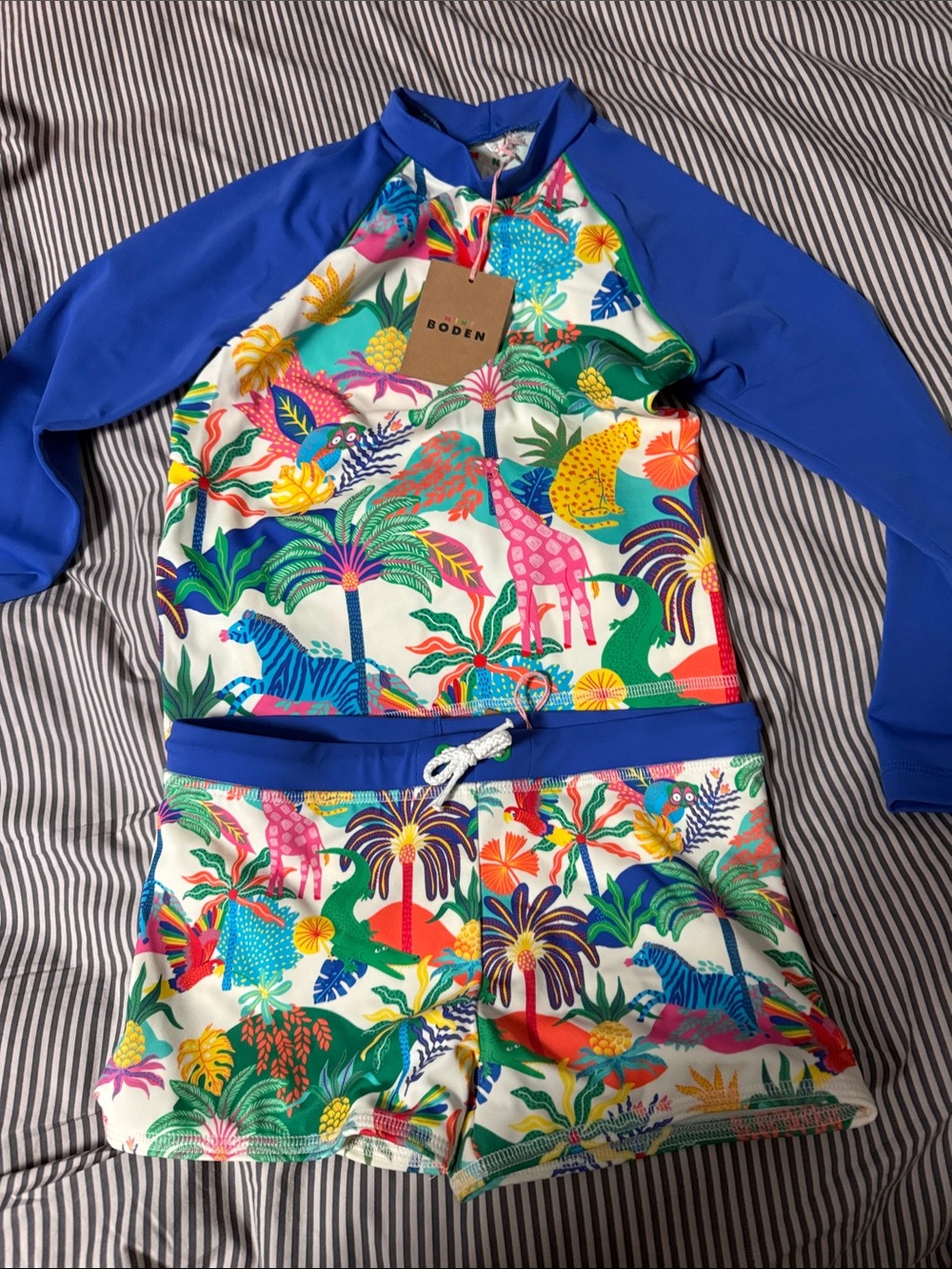 Boden Royal Blue Tropical Animal Print Kids Rash Guard Set size 5/6 NWT